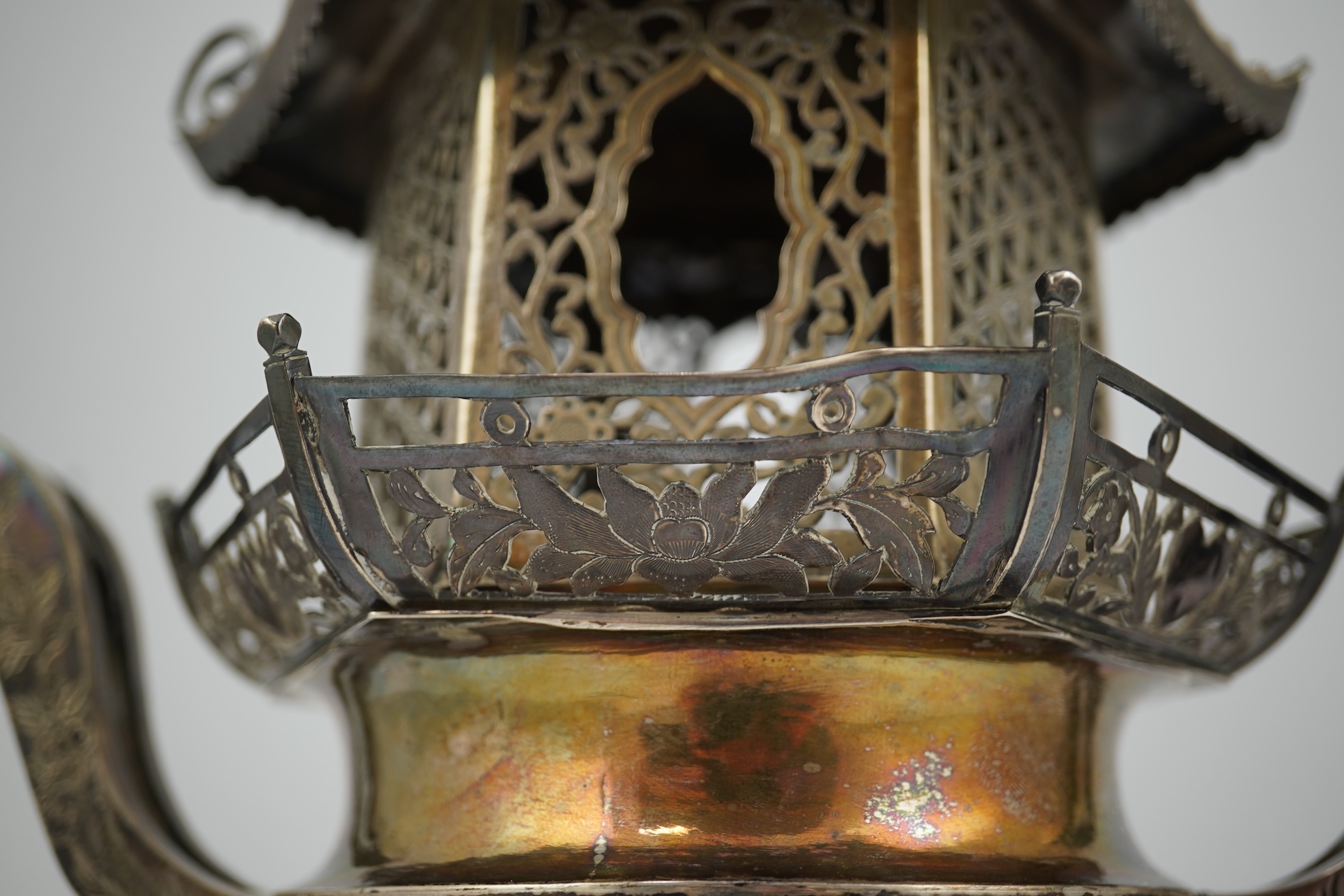 An unusual Chinese silver tripod censer with pagoda shaped cover, ding, early 20th century
